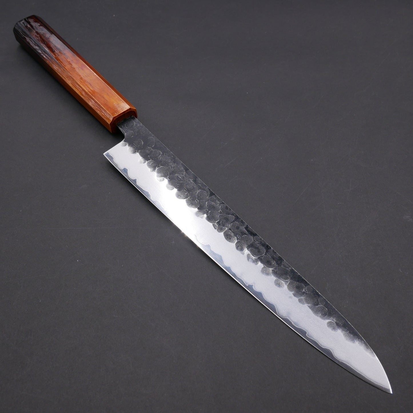 Molybdenum Steel Kurouchi Tsuchime Sujihiki Oak Urushi Octagonal Handle