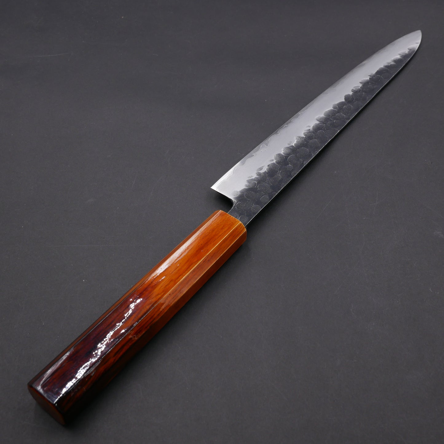 Molybdenum Steel Kurouchi Tsuchime Sujihiki Oak Urushi Octagonal Handle