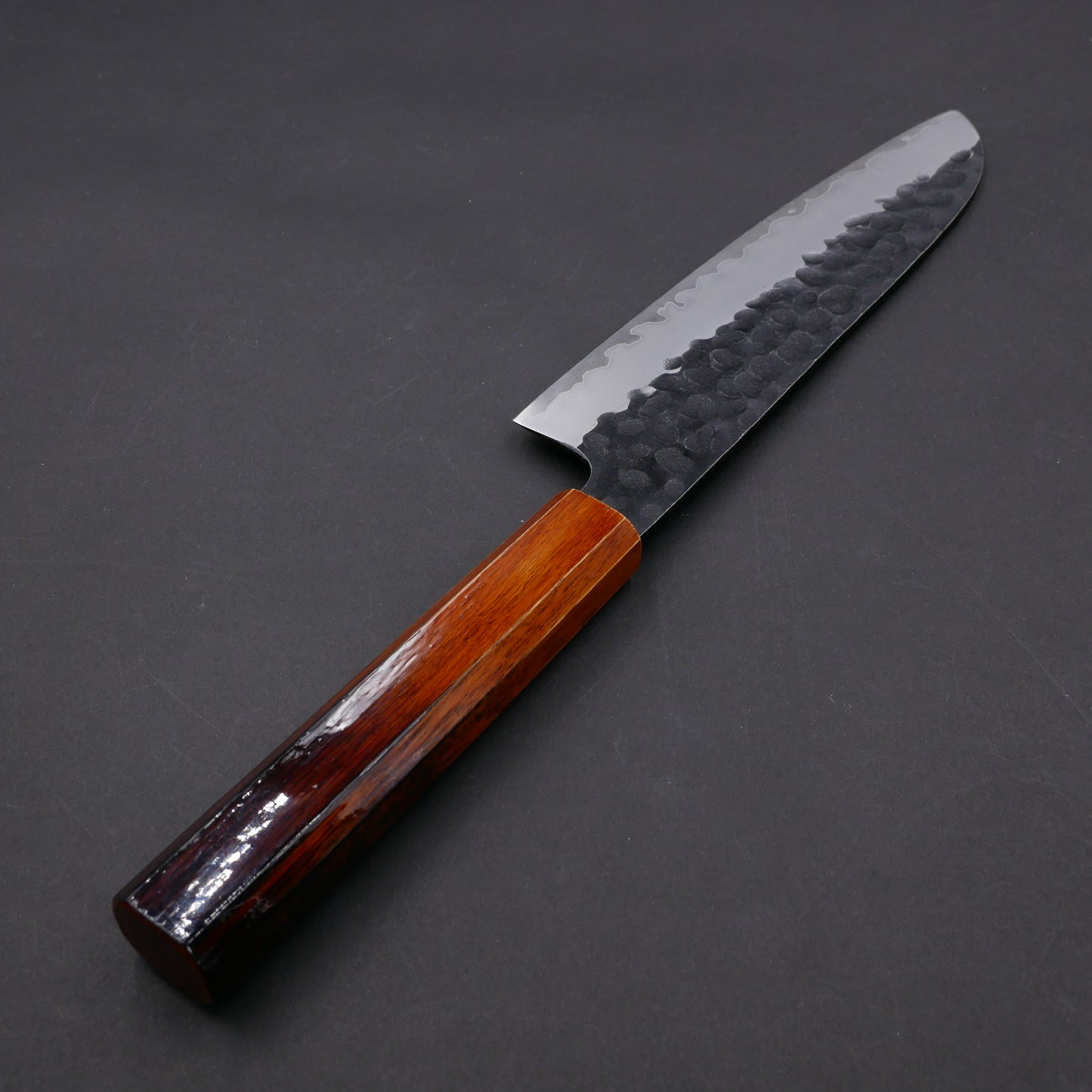 Molybdenum Steel Kurouchi Tsuchime Santoku Oak Urushi Octagonal Handle