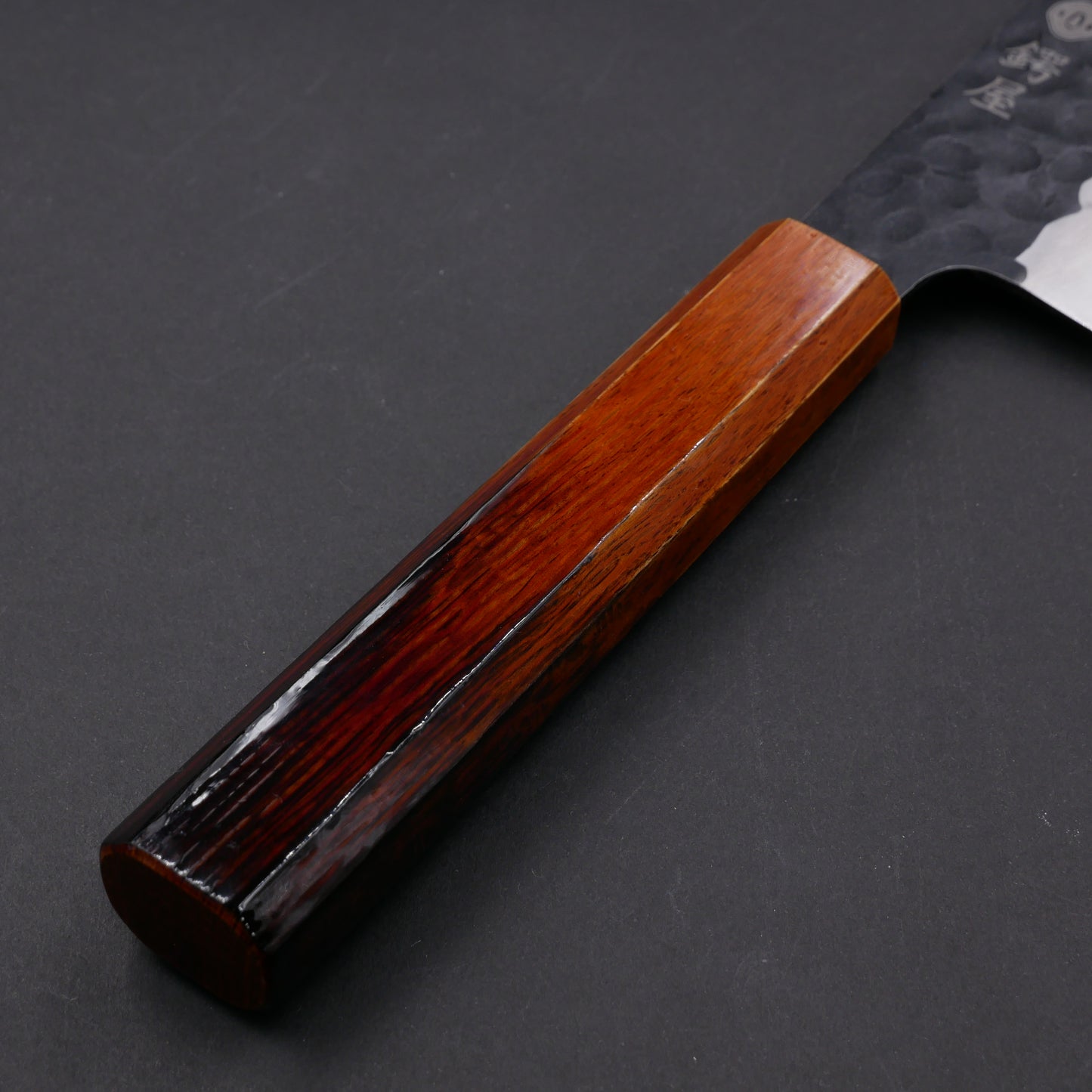 Molybdenum Steel Kurouchi Tsuchime Santoku Oak Urushi Octagonal Handle