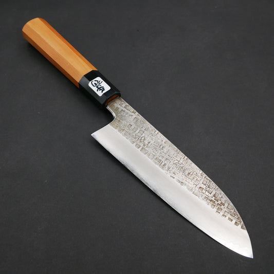 Silver#3 Stainless Steel Kurouchi Tsuchime Santoku Japanese Yew Octagonal Handle