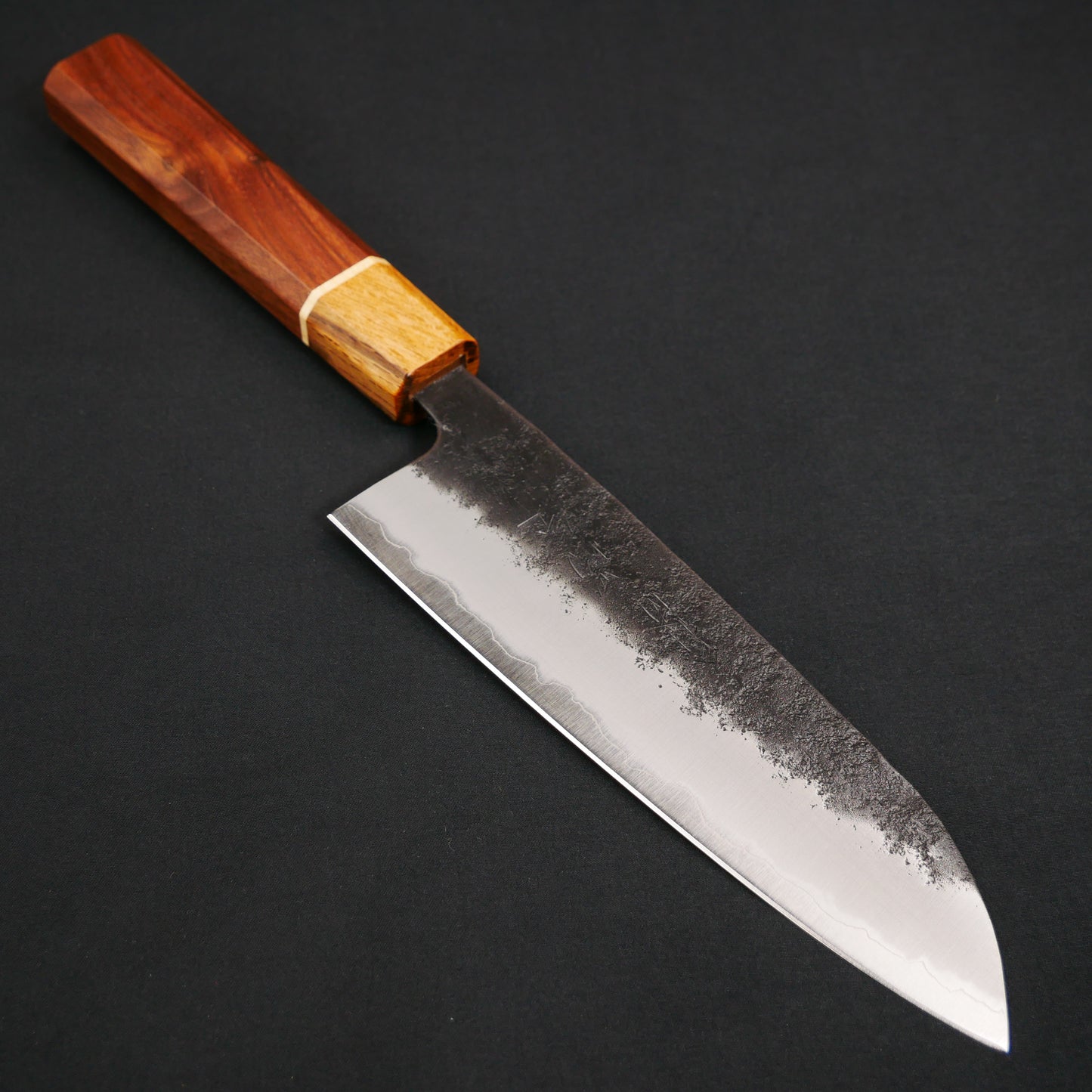 BlueSuper Carbon Steel Kurouchi Nashiji Santoku Walnut Octagonal Handle