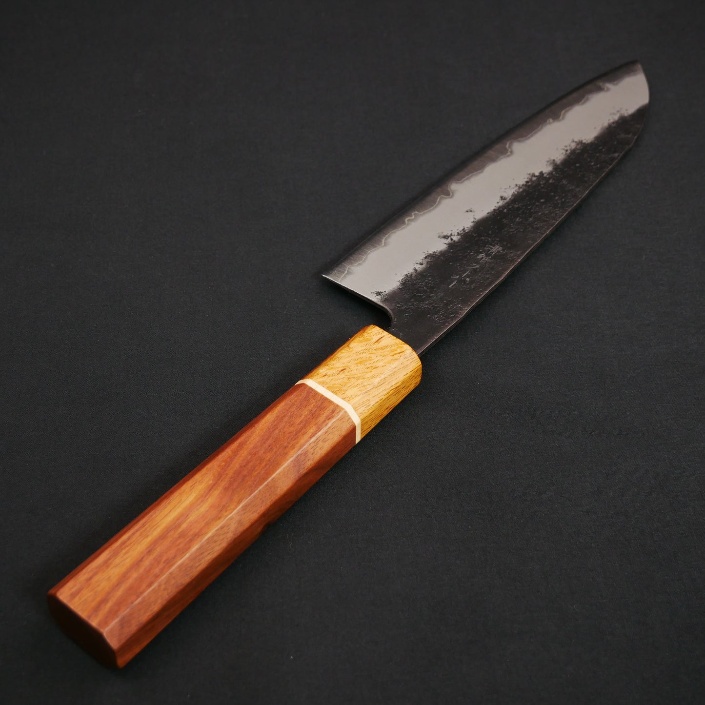 BlueSuper Carbon Steel Kurouchi Nashiji Santoku Walnut Octagonal Handle