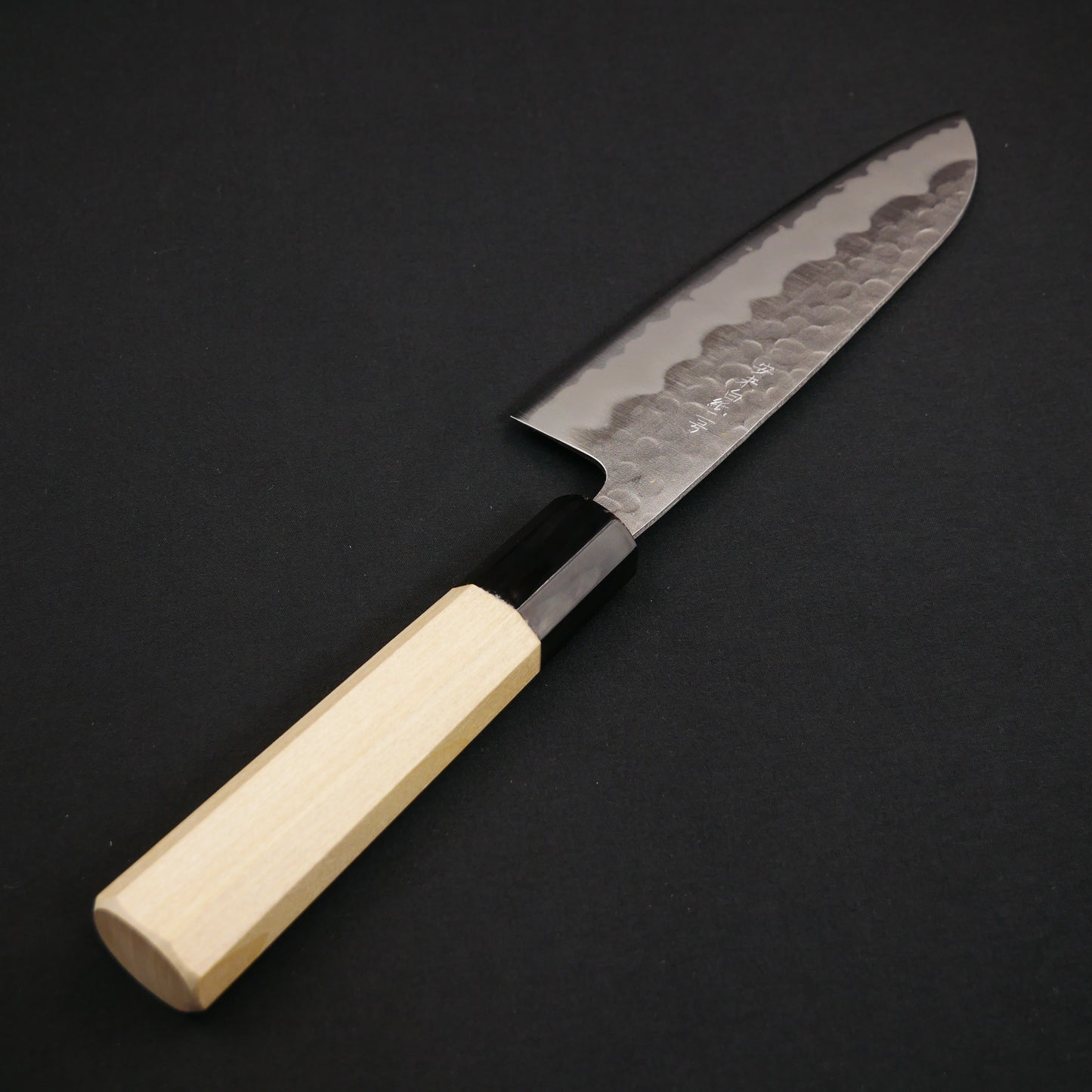 White#2 Carbon Steel Tsuchime StainlessClad Santoku Magnolia Octagonal Handle